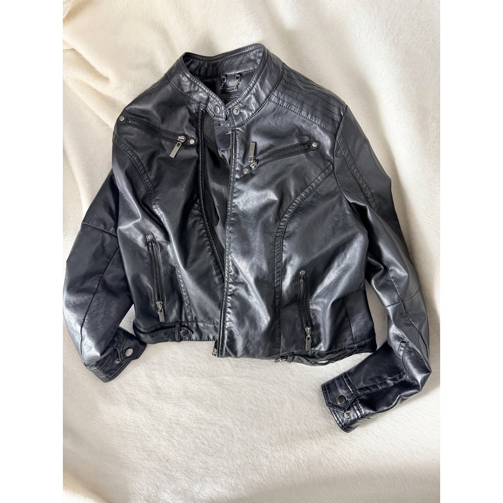 J2 Faux Leather Moto Jacket Womens L Black Biker Zip Pockets Snap Collar